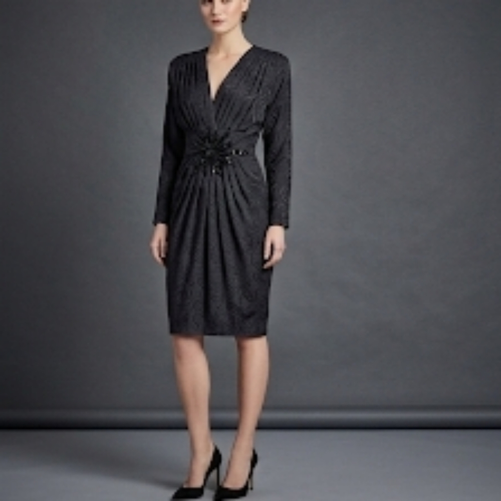 Vintage Long Sleeve 100% Silk Black Dress By St Gillian w/ Floral Detail Size 8